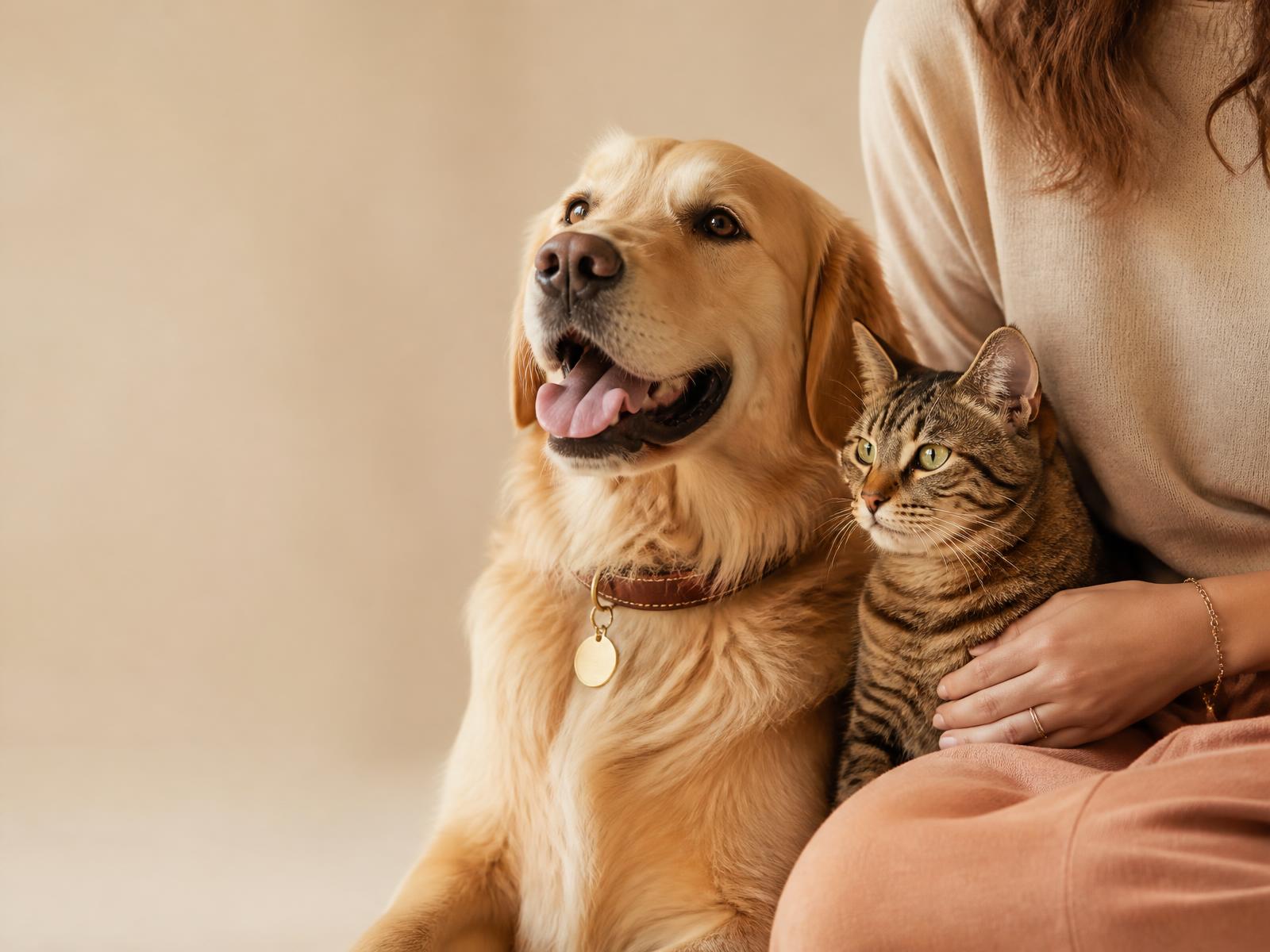 Tutora com o seu cão e gato, com medalha de identificação na coleira